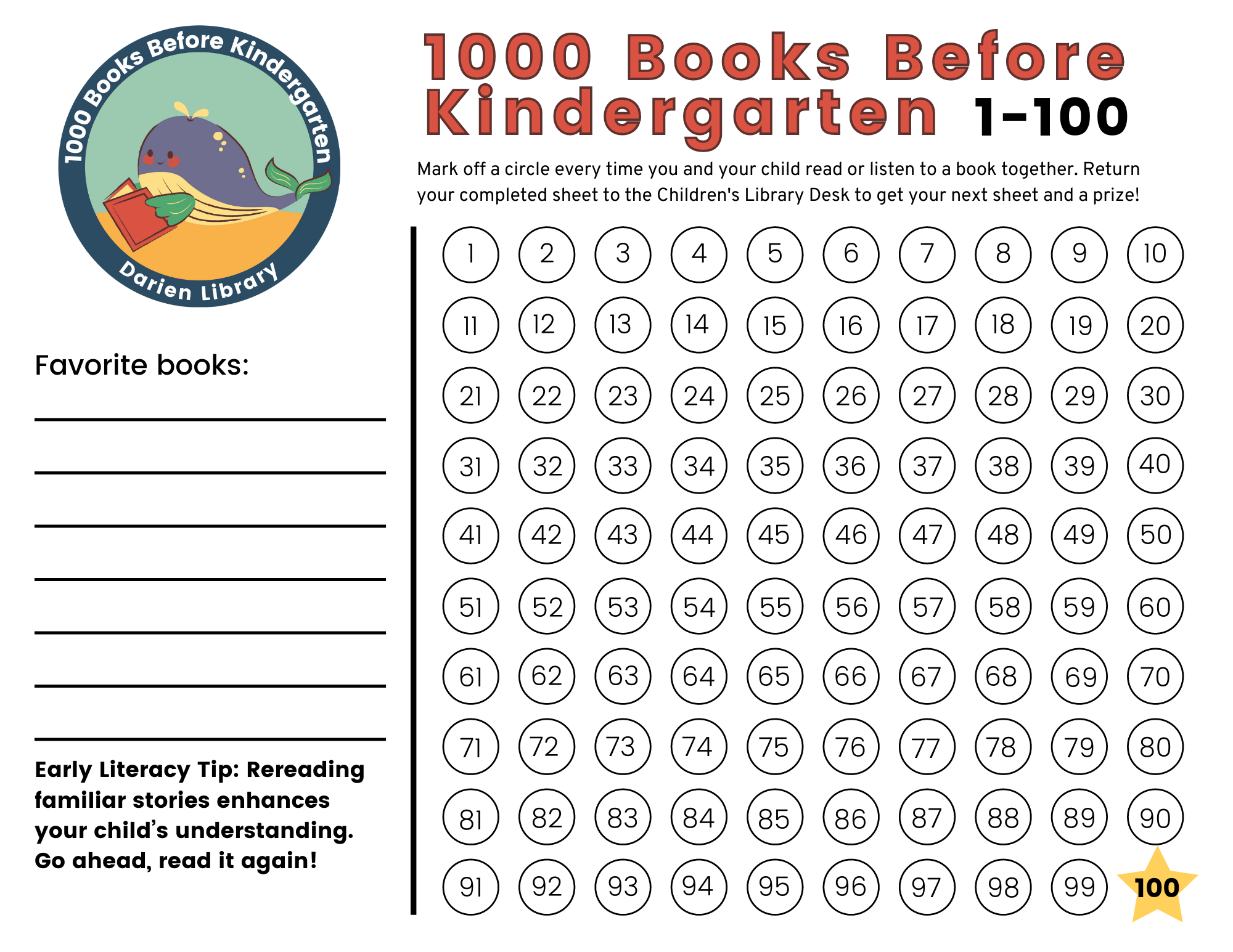 1000 Books Before Kindergarten log sheet