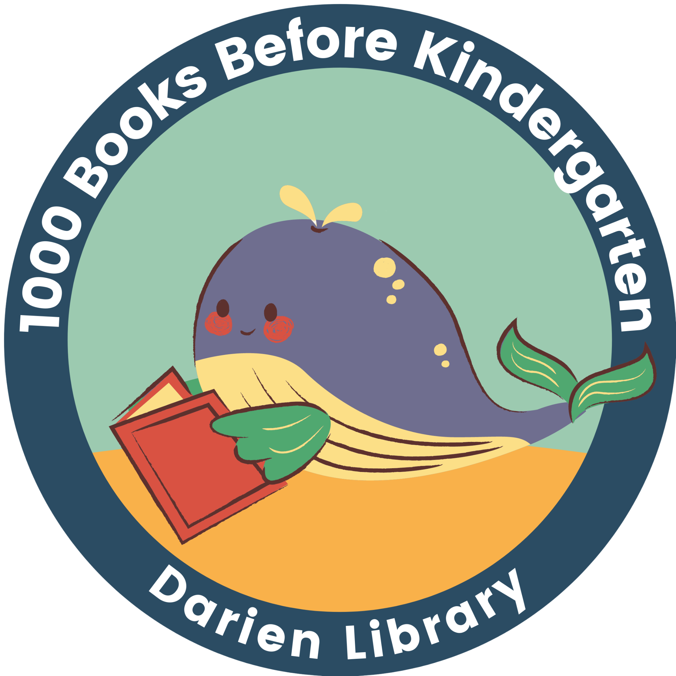 1,000 Books Before Kindergarten Darien Library whale reading a book logo