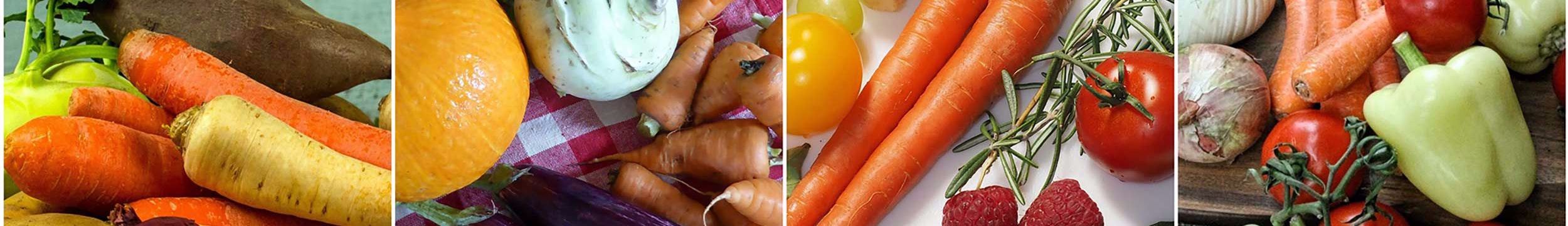 Four images of colorful fruits and vegetables