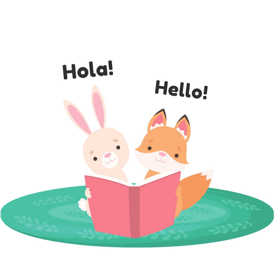 A tan rabbit and an orange fox sitting on a green rug reading a pink book together with the words hola and hello above their heads.
