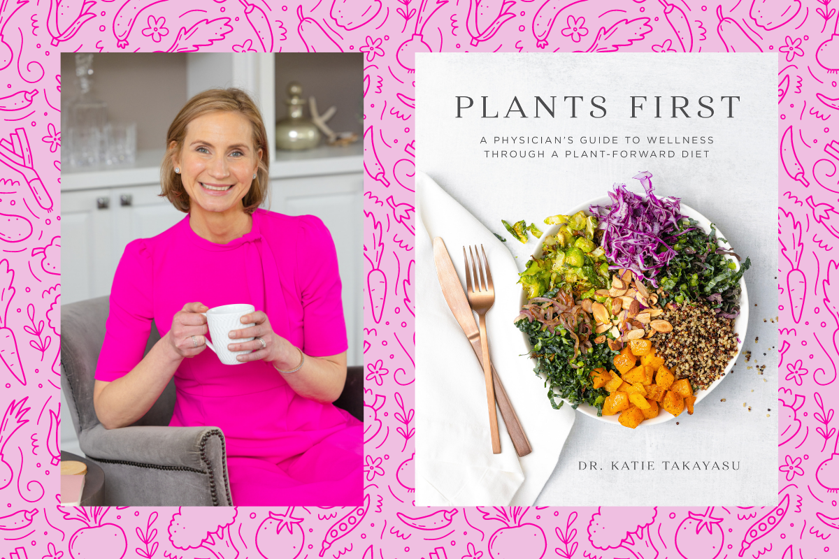 Dr. Katie holding a cup of tea and her book cover for Plants First