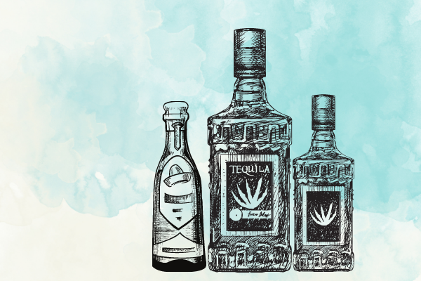 3 sketches of tequila bottles over a blue watercolor background 