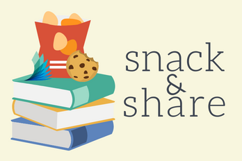 Illustration of snacks on a stack of books with the caption snack & share