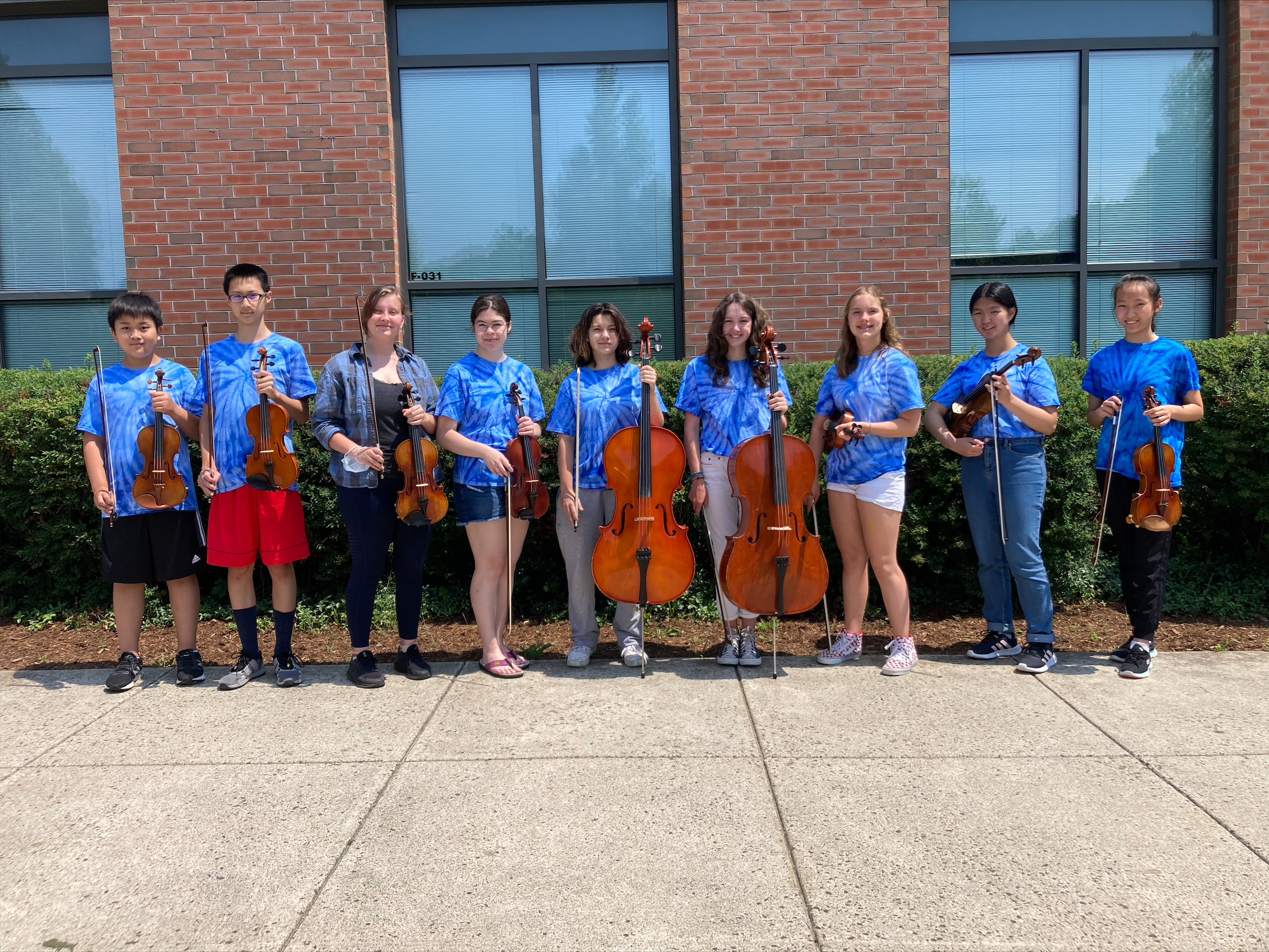 Group of musicians lined up along a brick wall, holding a variety of string instruments.