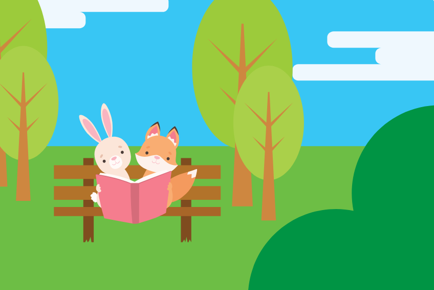 An illustration of a rabbit and fox sitting on a bench reading a book together. Trees surround them.