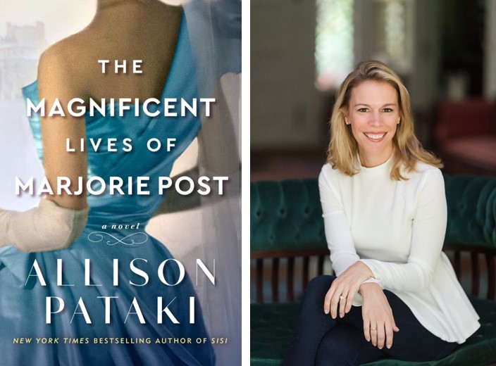 an image of allison pataki, the author and her new book the magnificent lives of marjorie post