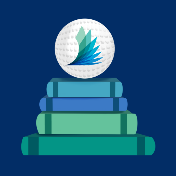 A golf ball with Darien Library's logo on it sits atop a stack of books.