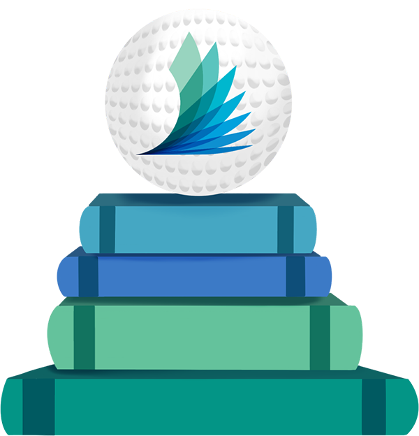 An illustration of a golf ball with Darien Library's logo on it sits atop a pile of books.
