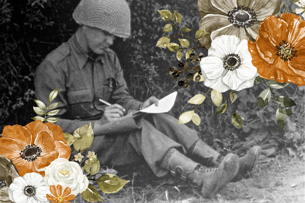 B&W Image of WWII Veteran, Anton Pritchard surrounded by flowers.