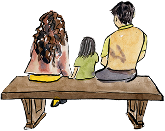 An illustration of two adults with a child between sitting on a bench with their backs to the viewer.