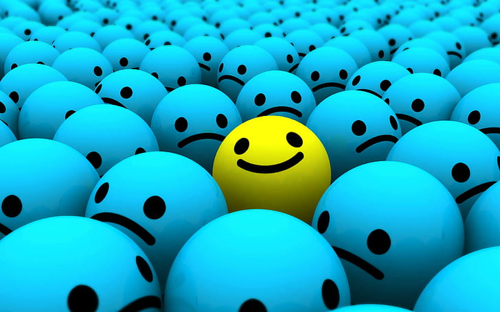 image of a yellow smiley face in a sea of blue unhappy faces