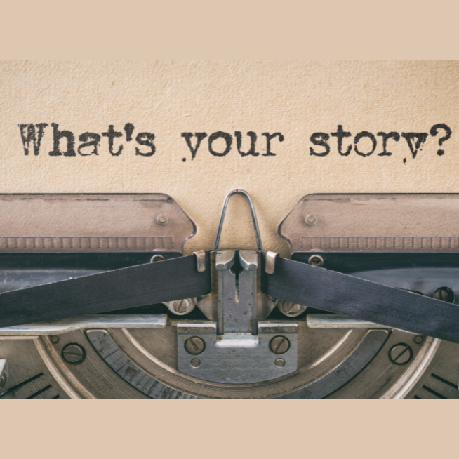 typewriter with paper that says, "What's your story?" 