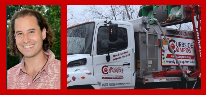 image of the ceo of Curbside Compost, Nick Skeades, along with one of his compost dump trucks