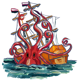 An illustration of a kraken climbing a ship.