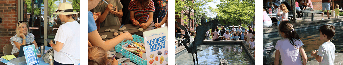 Four photos of people celebrating 1894 Day in Darien Library's courtyard.