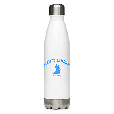 A white metal water bottle with Darien Library and the Library's logo on it.