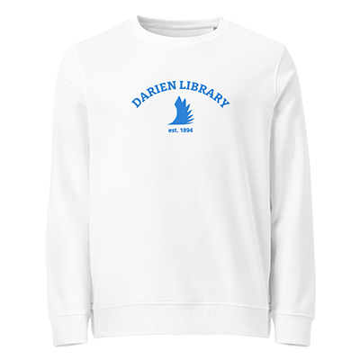 A white shirt with the text Darien Library superimposed over a solid version of the Library's logo. Underneath is the text Est. 1894.