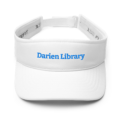 A white visor with Darien Library embroidered on it.