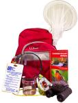 Backpack with a variety of items including binoculars, birdwatching book, bug jars, and bug net.