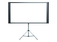 Photo of a projector screen standing on tripod legs.