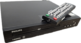 Photo of a DVD player with a remote sitting on top.