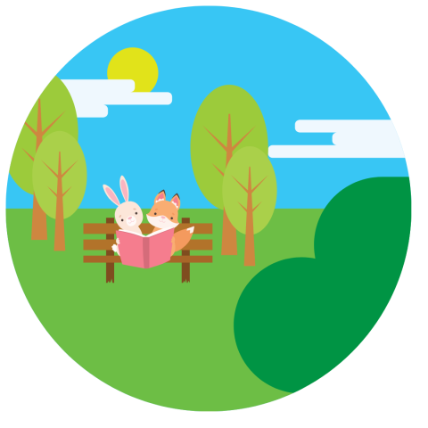 Rabbit and fox sitting on a park bench reading a pink book with green trees on either side of the bench against a blue sky with clouds and a yellow sun