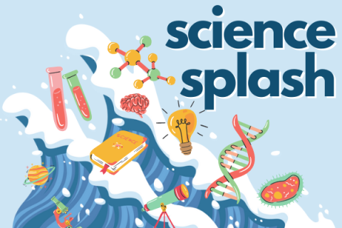 Graphic illustration of a wave with science icons like DNA, planet, and test tubes with the text Science Splash