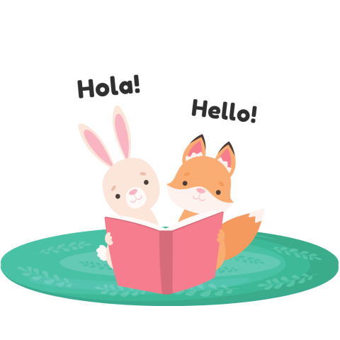 A tan rabbit and an orange fox sitting on a green rug reading a pink book together with the words hola and hello above their heads.