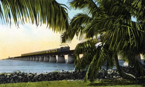 artist's rendering of a train moving over a bridge in a warm climate