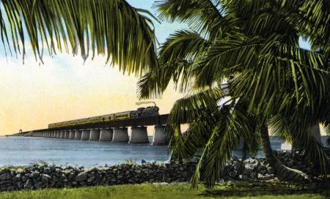 artist's rendering of a train moving over a bridge in a warm climate