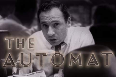 Closeup of movie poster for The Automat, black and white image of a young Mel Brooks
