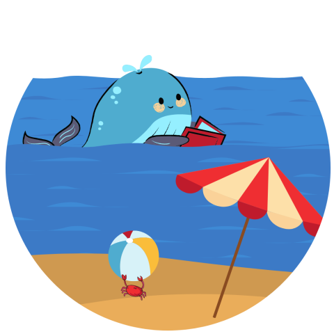 Blue whale reading a red book in the blue ocean, with a red crab holding a beach ball on the yellow sand, next to a red and cream striped umbrella