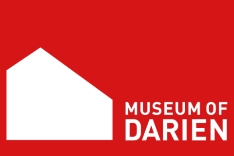 Museum of Darien Logo, white salt box house on red background