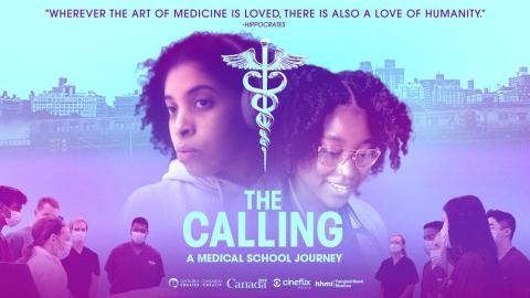 Purple and blue movie poster with two women one each side of a caduceus medical symbol. The name of the movie "The Calling" below. 