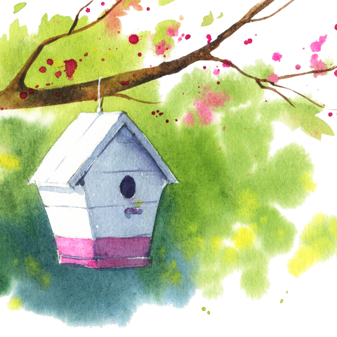 watercolor image of birdhouse