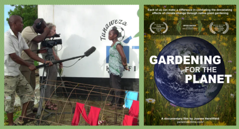 Image of director, Joanne Hershfield, and her film cover, Gardening for the Planet