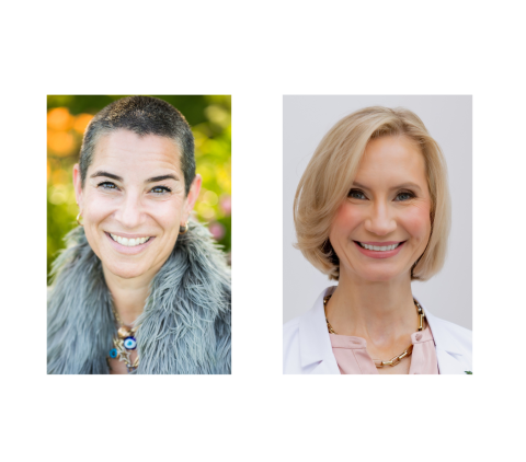 Two headshots of female doctors; one with cropped gray hair, wearing a silver vest, and one with short blonde hair wearing a lab coat.