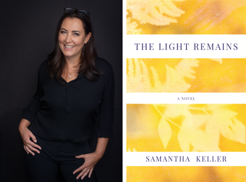 two photos side by side: one of a female author with dark hair with a dark background; the other of a yellow book cover titled "The Light Remains"