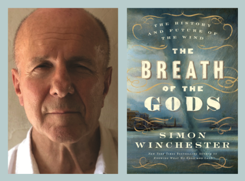 Image of author, Simon Winchester, and his new book, The Breath of the Gods