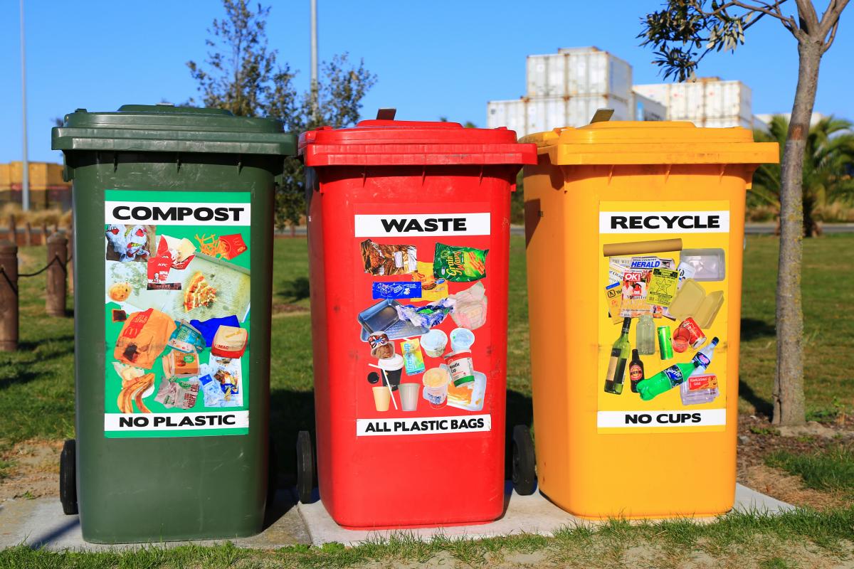 image of 3 garbage cans, one for compost, one for recycling and one for non-recyclable garbage