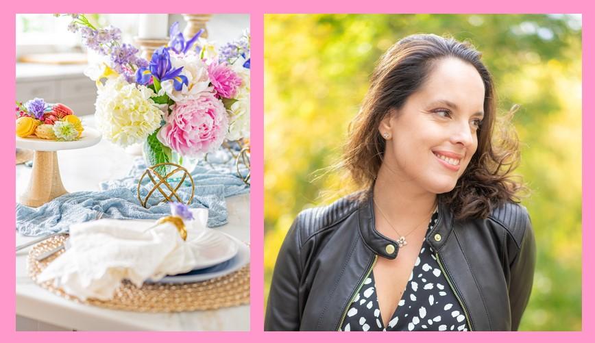Image of a mother's day tablescape, and author, Jessie Sierra-Ross