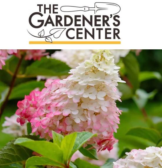 Image of a panicle hydrangea and the Gardener's Center logo