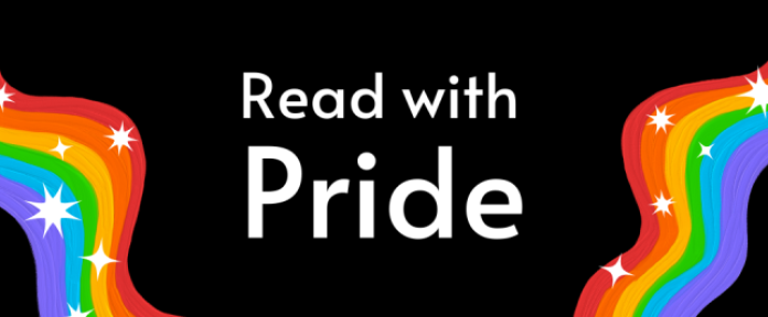 Read with Pride text on a black background with squiggles of rainbows on either side