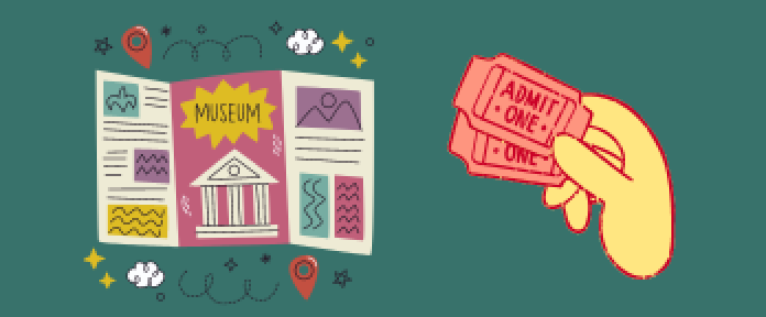 An illustration of a brochure for a museum and a hand holding tickets.