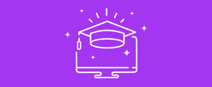 An illustration of a graduation cap and a computer screen.