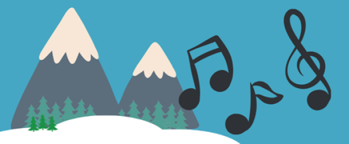 An illustration of a snowy mountain scene with musical notes.