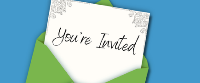 An illustration of a green envelope with an invitation coming out. The text says "You're Invited."