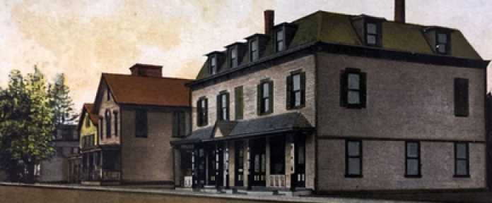 Postcard of old buildings in Darien