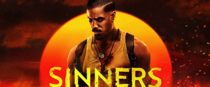Image is of actor Michael B. Jordan in front of a sunset and the text "Sinners" imposed over top.